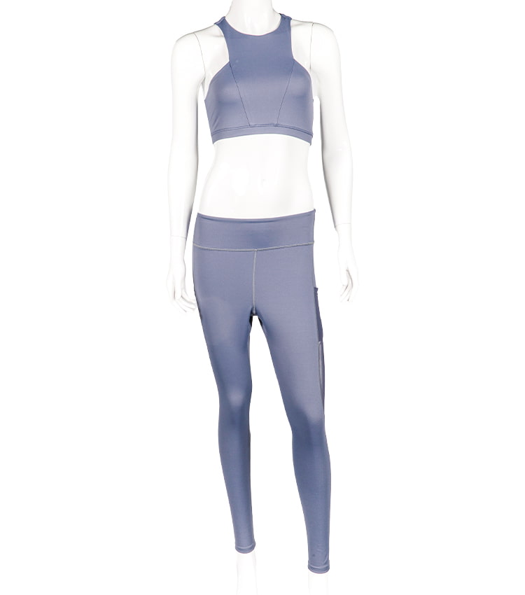 Einfarbiger zweiteiliger Sport-BH und eine Hose für Sportbekleidung.